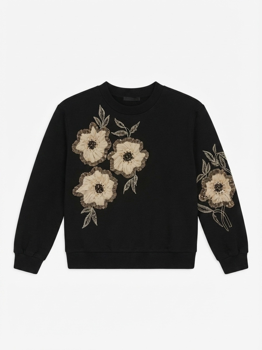 Anthropologie Black Floral Embroidered Beaded Sweatshirt Size Small Pullover